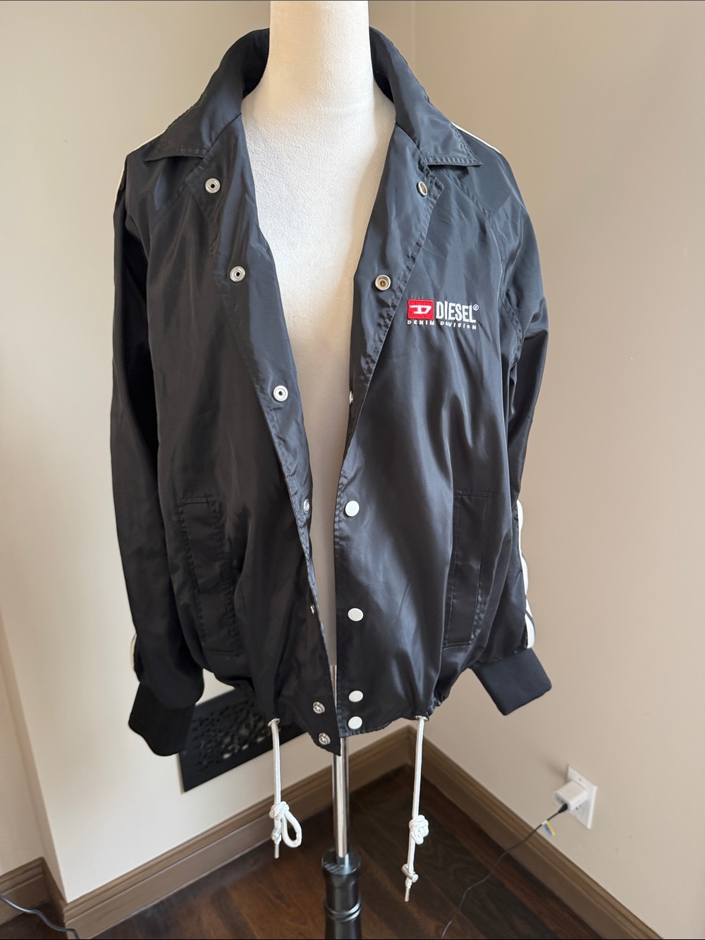 Diesel Black Windbreaker with White Snaps and Red Logo Medium Like New